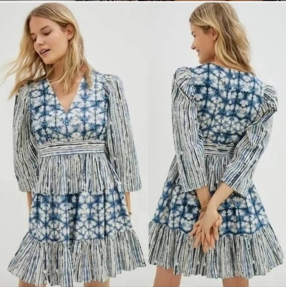 Anthropologie NWTs Not So Serious SMALL Behati Blue Tie Dye Tiered Mini Dress - Picture 2 of 4